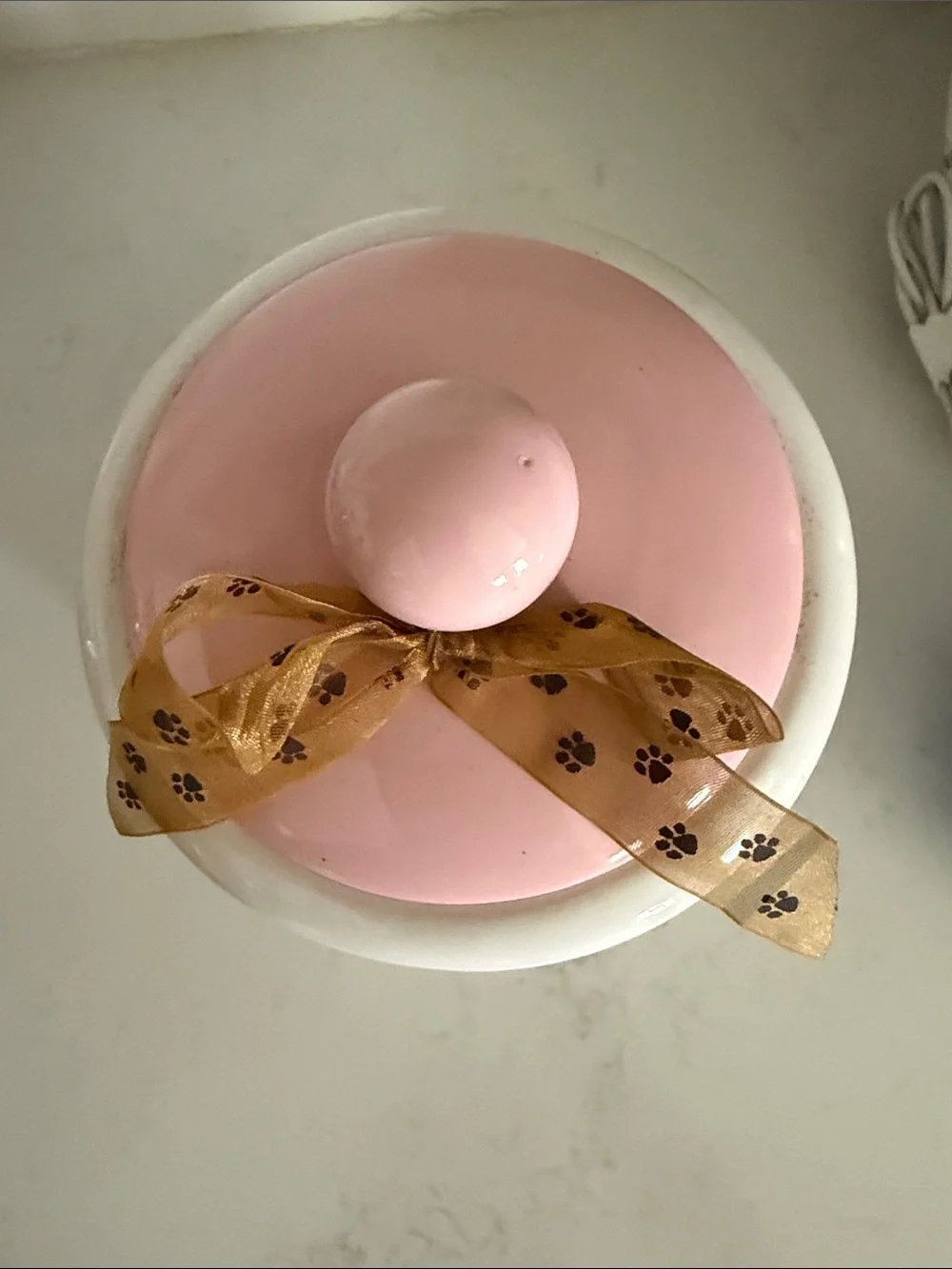 White and Pink Polka Dot Ceramic Dog Treats Canister